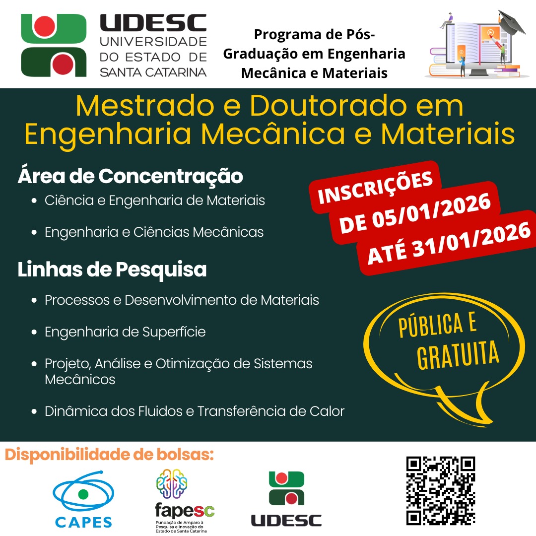 <p>Novidade!</p>

<p>Abertas as inscrições para novas turmas na área de Materiais!</p>

<p>Programa de Pós-Graduação em Engenharia Mecânica e Materiais</p>
