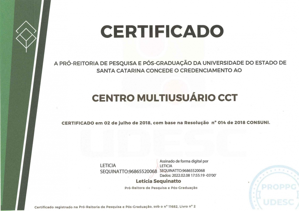 <p>A pró-reitoria de pesquisa e pós-graduação da universidade do estado de santa catarina concede o credenciamento ao centro multiusuário cct.<br />
Certificado em dois de julho de 2018, com base na resolução número 14 de 2018 Consuni.</p>
