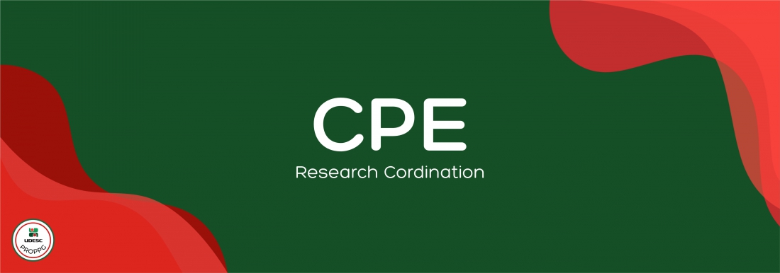 <p>Horizontal banner with a dark green background. In the lower left and upper right corners, there are wavy and abstract graphic shapes in shades of red. In the center of the image, in white letters, reads the highlighted title "<strong>CPE</strong>" and, just below in a smaller font, the subtitle "<strong>Research Coordination</strong>". In the lower left corner, over the red shape, there is a small white circular logo with red and green borders for UDESC PROPPG.</p>
