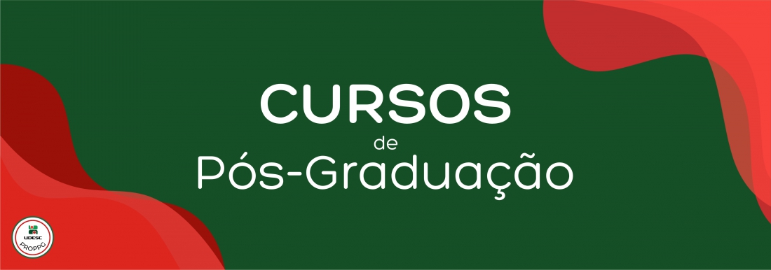<p>Banner horizontal com fundo verde escuro. Nos cantos inferior esquerdo e superior direito, h&aacute; formas gr&aacute;ficas onduladas e abstratas em tons de vermelho. No centro da imagem, em letras brancas, l&ecirc;-se o t&iacute;tulo em destaque "<strong>Cursos de P&oacute;s-Gradua&ccedil;&atilde;o</strong>". No canto inferior esquerdo, sobre a forma vermelha, h&aacute; um pequeno logotipo circular branco com bordas vermelha e verde da UDESC PROPPG</p>
