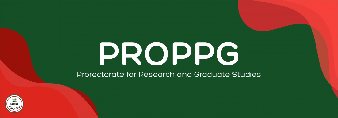 <p>Horizontal banner with a dark green background. In the lower left and upper right corners, there are wavy and abstract graphic shapes in shades of red. In the center of the image, in white letters, reads the highlighted title "<strong>PROPPG</strong>" and, just below in a smaller font, the subtitle "<strong>Prorectorate for&nbsp;</strong><strong>Research and Graduate Studies</strong>". In the lower left corner, over the red shape, there is a small white circular logo with red and green borders for UDESC PROPPG.</p>
