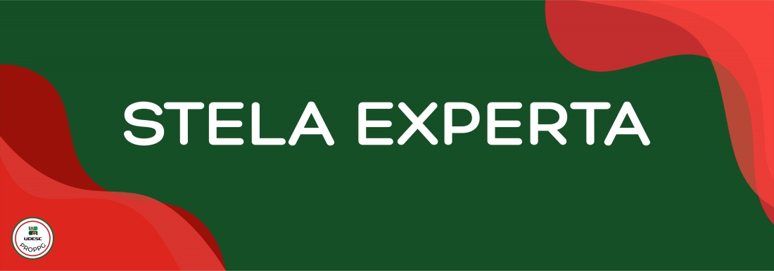<p>Banner horizontal com fundo verde escuro. Nos cantos inferior esquerdo e superior direito, h&aacute; formas gr&aacute;ficas onduladas e abstratas em tons de vermelho. No centro da imagem, em letras brancas, l&ecirc;-se o t&iacute;tulo em destaque "<strong>Stela Experta</strong>". No canto inferior esquerdo, sobre a forma vermelha, h&aacute; um pequeno logotipo circular branco com bordas vermelha e verde&nbsp;da UDESC PROPPG</p>
